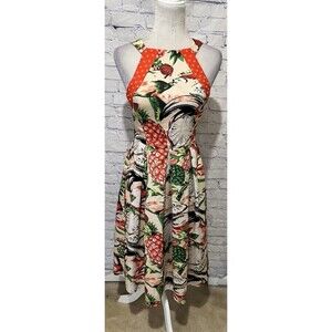 Eva Franco Mandy Dress Sz. 4 Pineapple Halter Cut Out Pleated Sleeveless Lined